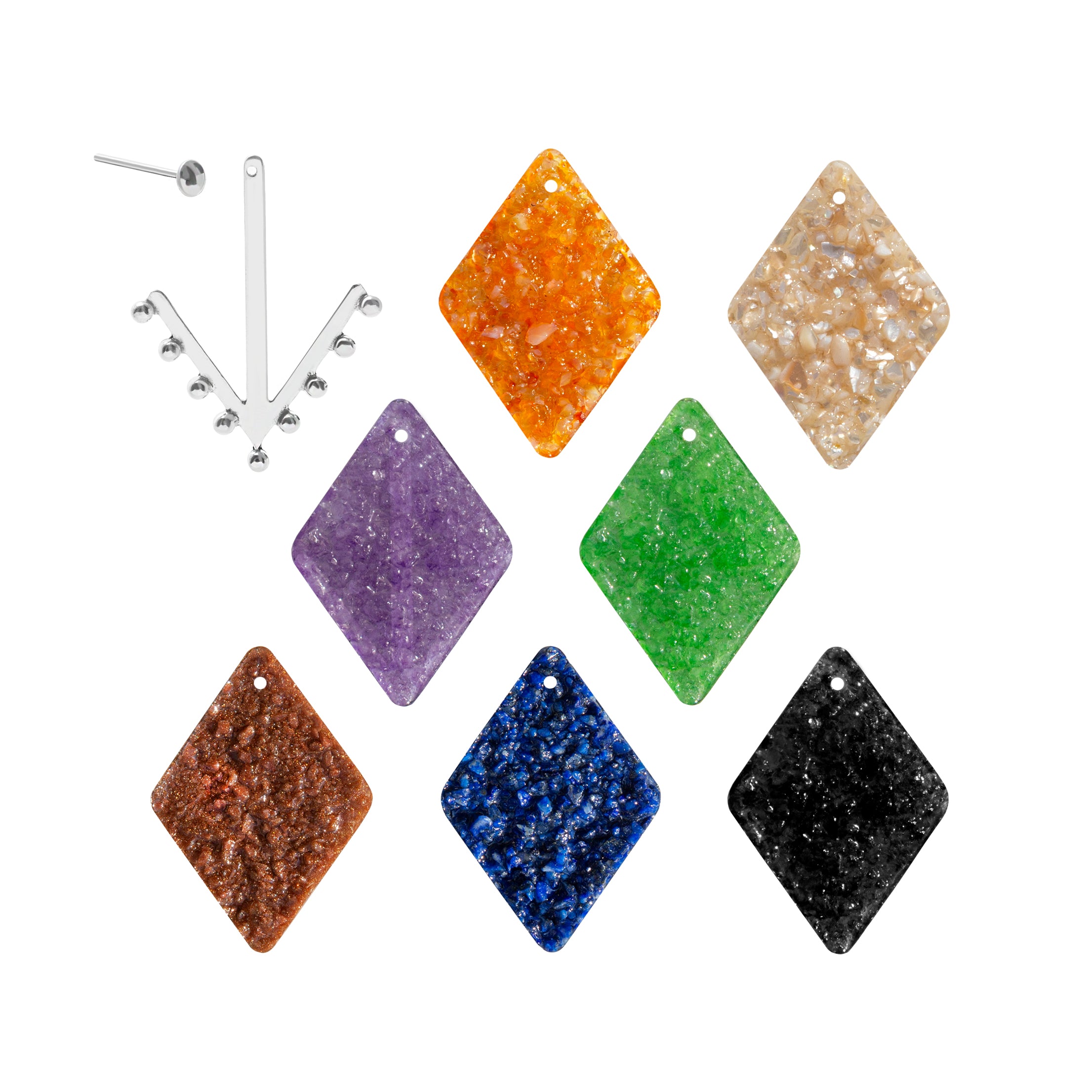 Sterling Silver stud earring with a sterling silver frame base with soldered silver balls, and interchangeable crushed natural stones that are rhombus-shaped. Orange agate, beige mother of pearl, purple amethyst, green jade, camel star stone, royal blue lapis lazuli, black onyx.