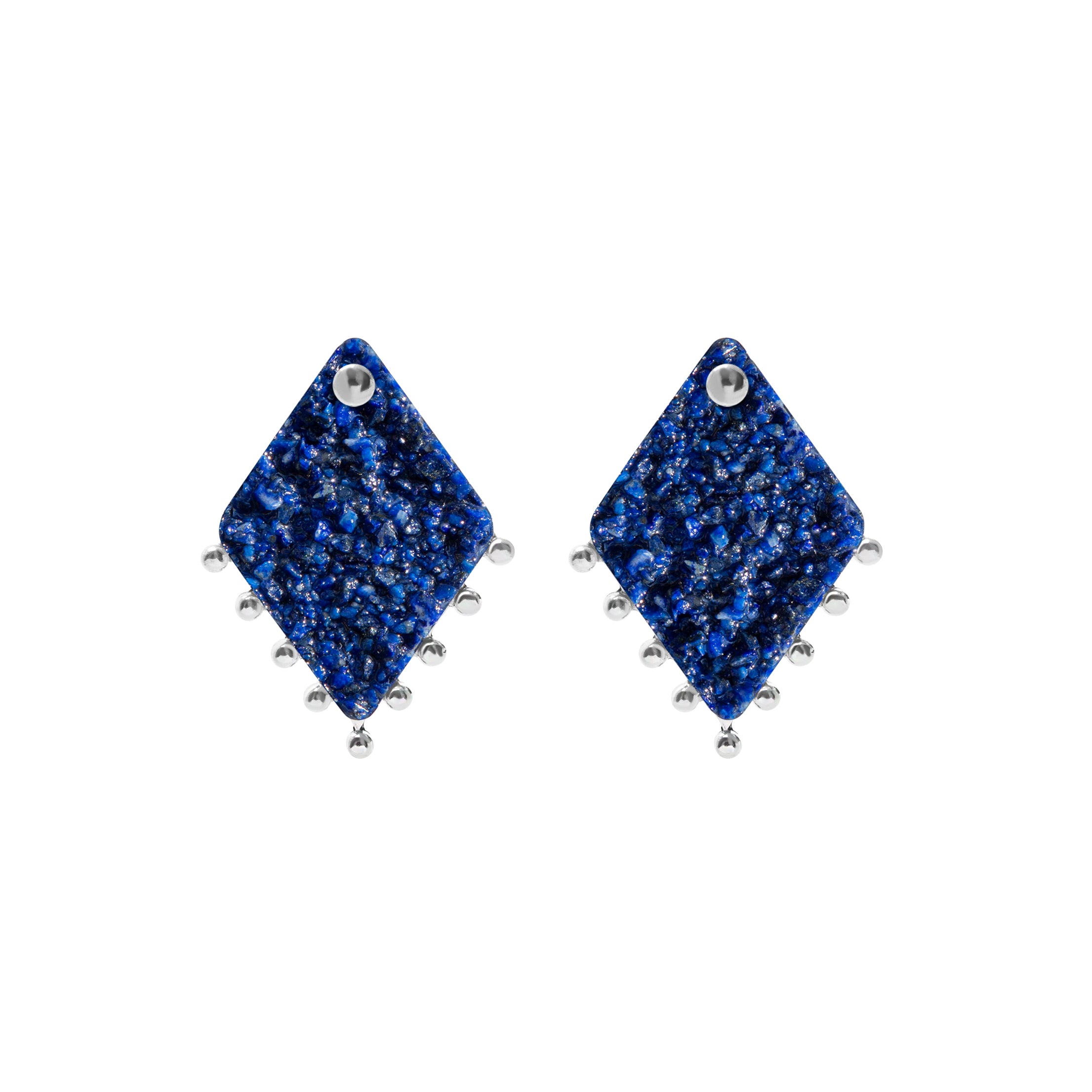 Sterling Silver Earrings with crushed royal blue Lapis Lazuli rhombus-shaped stones that are interchangeable. 